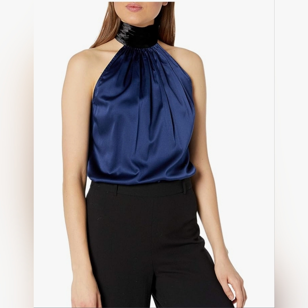 Ramy Brook Navy Satin Halter Blouse with Black Velvet Neck